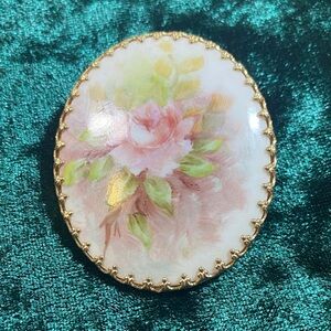 Vintage Porcelain Hand Painted Pink Rose Cameo Brooch with Gold Trim